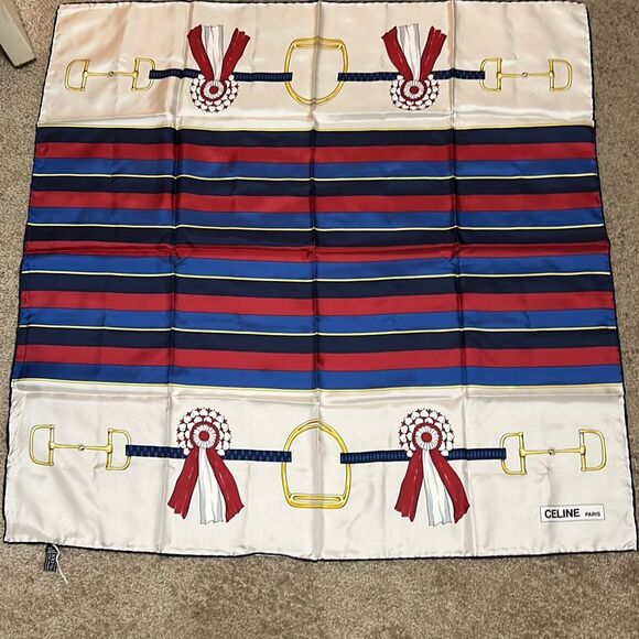 Celine Square Scarf 34x34 Equestrian Derby Print Cream Blue Red 100% Silk Rolled - Picture 4 of 11